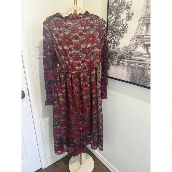 Xingchenkaiyi Red Navy Floral Lace A Line Midi Dress Long Sleeve US 6 L - Picture 5 of 7